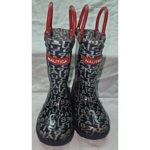 Nautica Kids’ Rain Boots – Size 5 | Alphanumeric Pattern With Red Handles